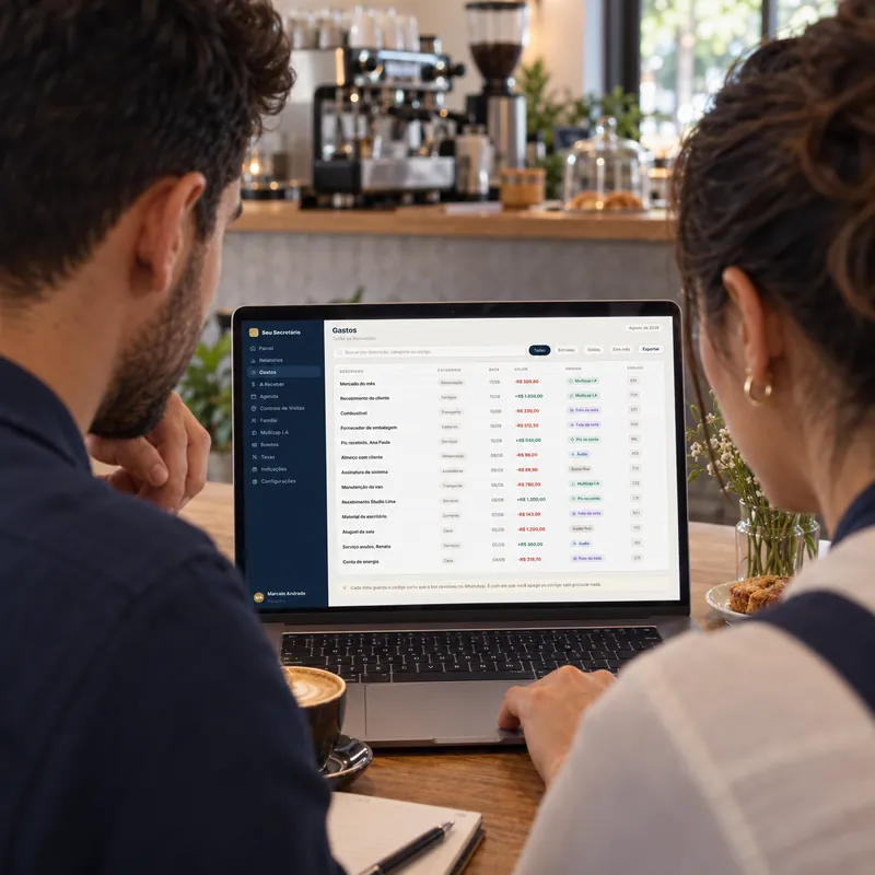 Proprietários de cafeteria acompanham o financeiro no notebook